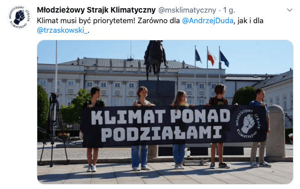Młodzieżowy Strajk Klimatyczny przed spotkaniem Andrzeja Dudy i Rafała Trzaskowskiego, 30 lipca 2020