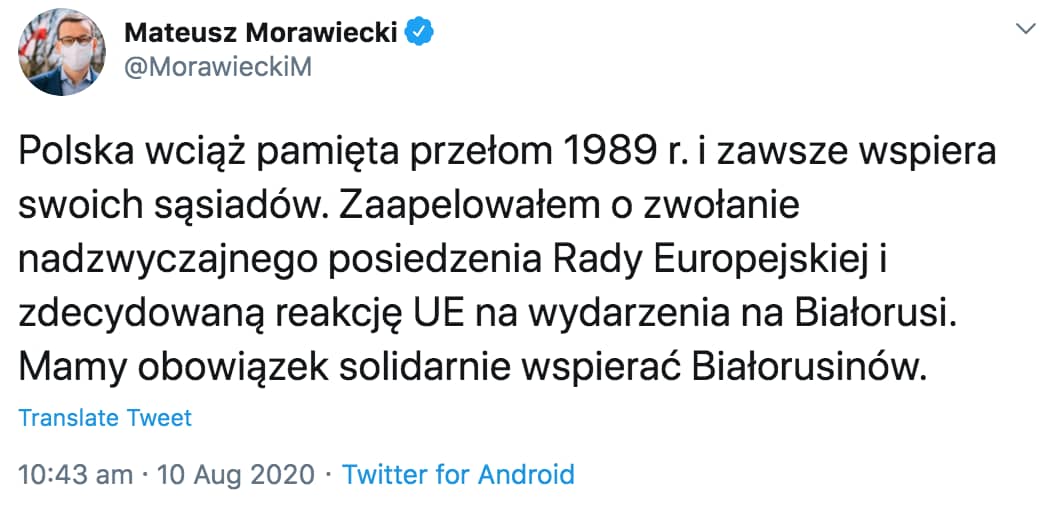 Wpis na Twitterze Mateusza Morawieckiego o Białorusi