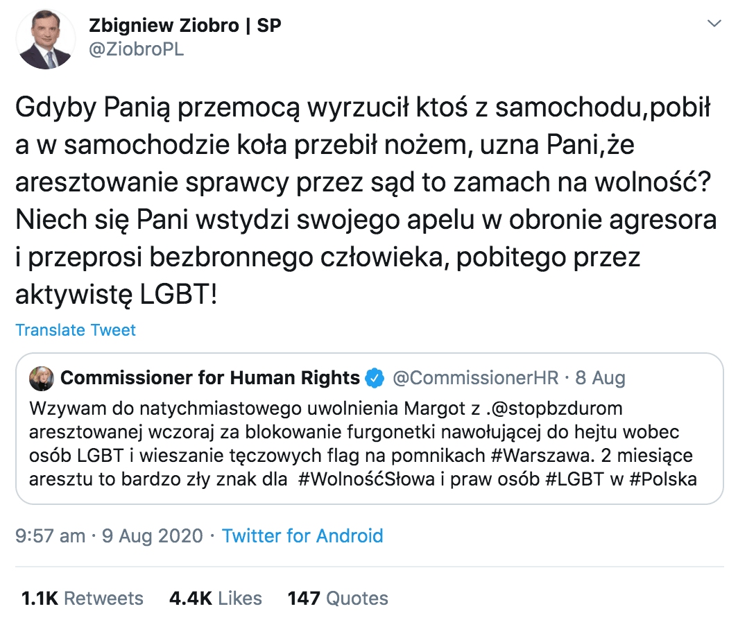 Odpowiedź Ziobry na tweeta Komisarz Praw Człowieka Rady Europy