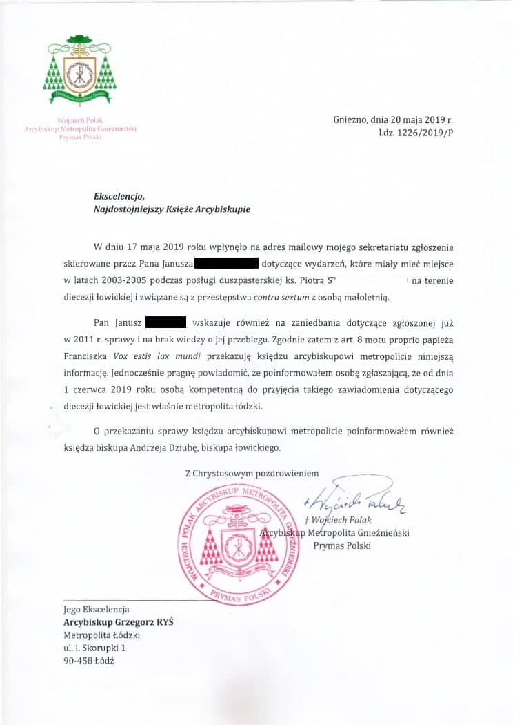 List prymasa do arcybiskupa Rysia w sprawie zaniedbań biskupa Andrzeja Dziuby.