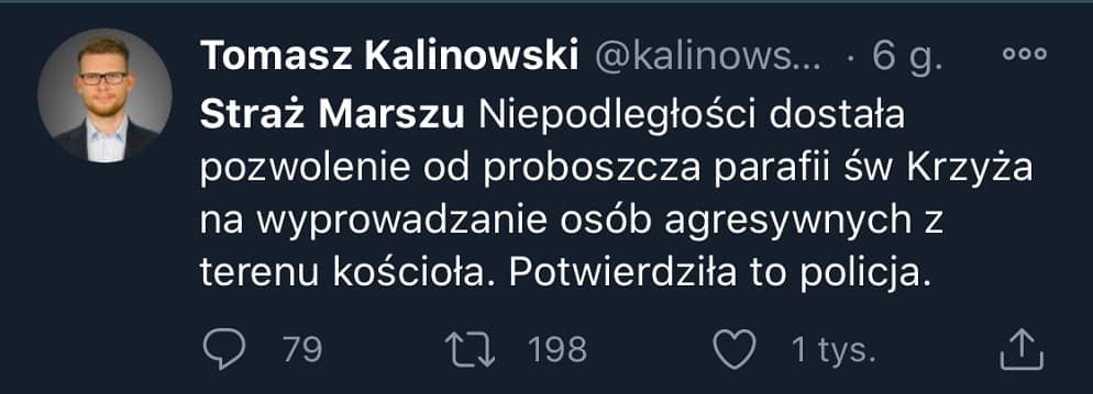 Wpis Tomasza Kalinowskiego na Twitterze