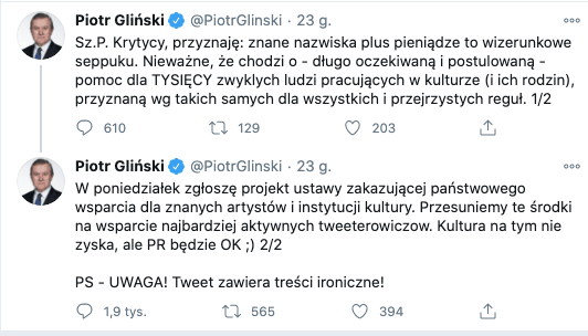 minister kultury Piotr Gliński broni na Twitterze Funduszu Wsparcia Kultury: "przyznaję: znane nazwiska plus pieniądze to wizerunkowe seppuku", 14 listopada 2020