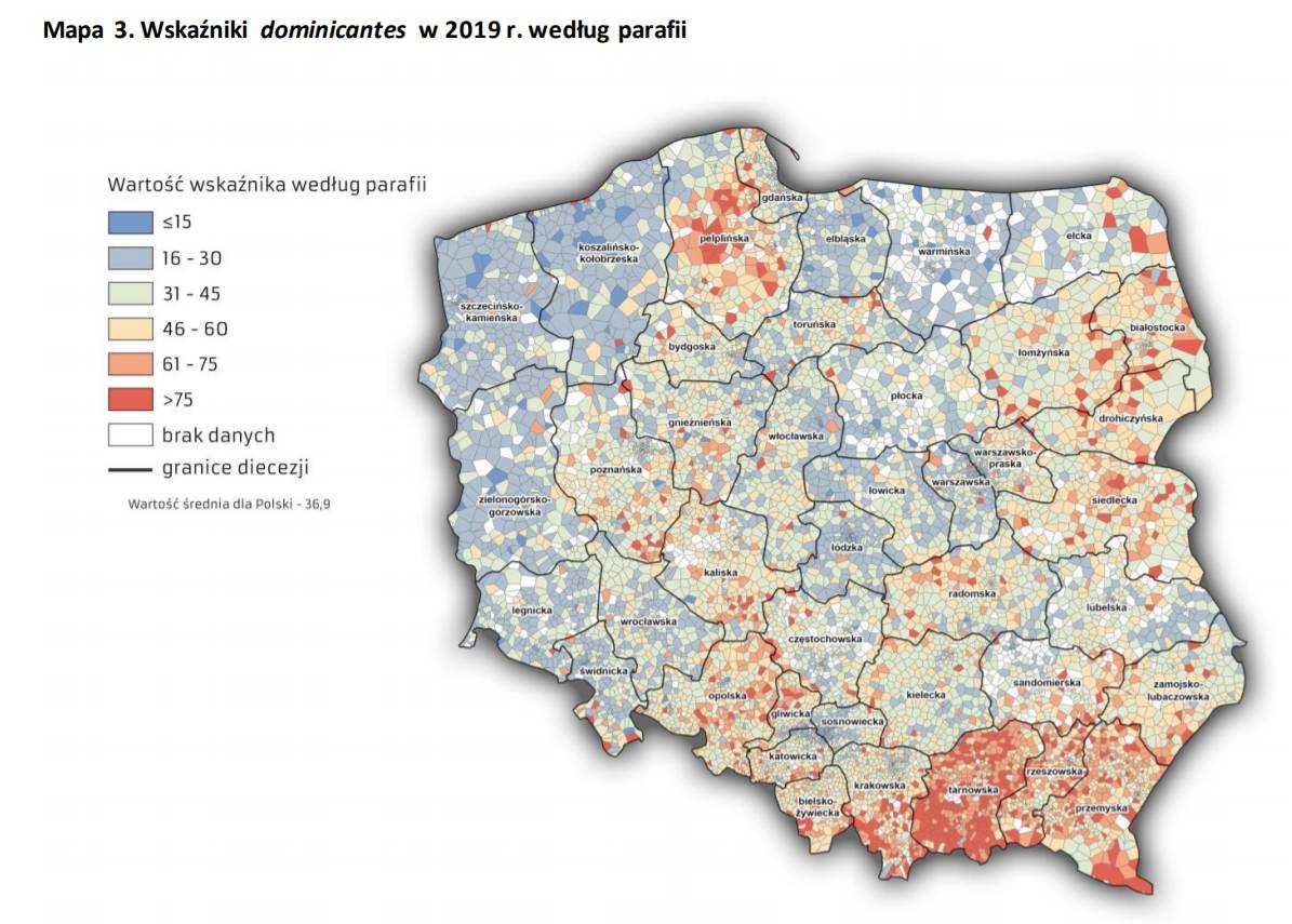 Odsetek wiernych uczestniczących w niedzielnej mszy (dominicantes) w 2019 r.