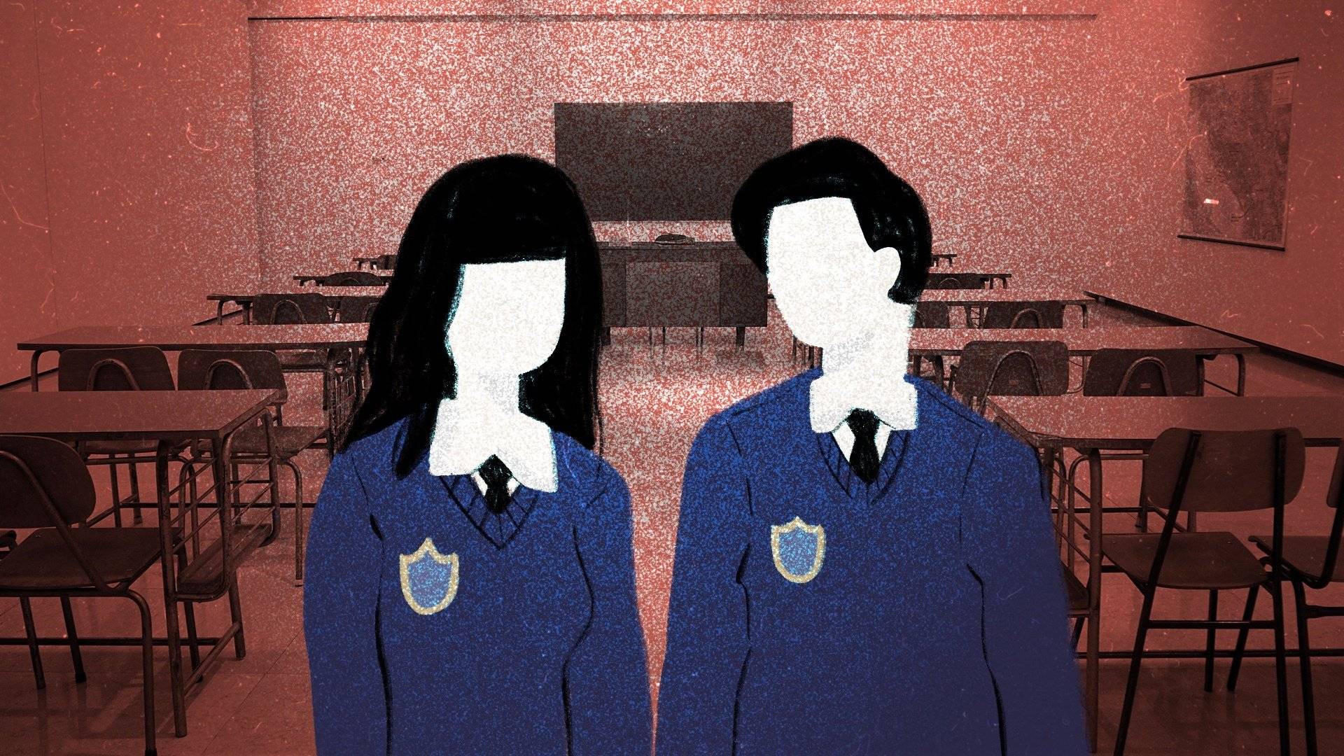 Ilustracja przedstawiająca dwoje uczniów na tle szkolnej klasy