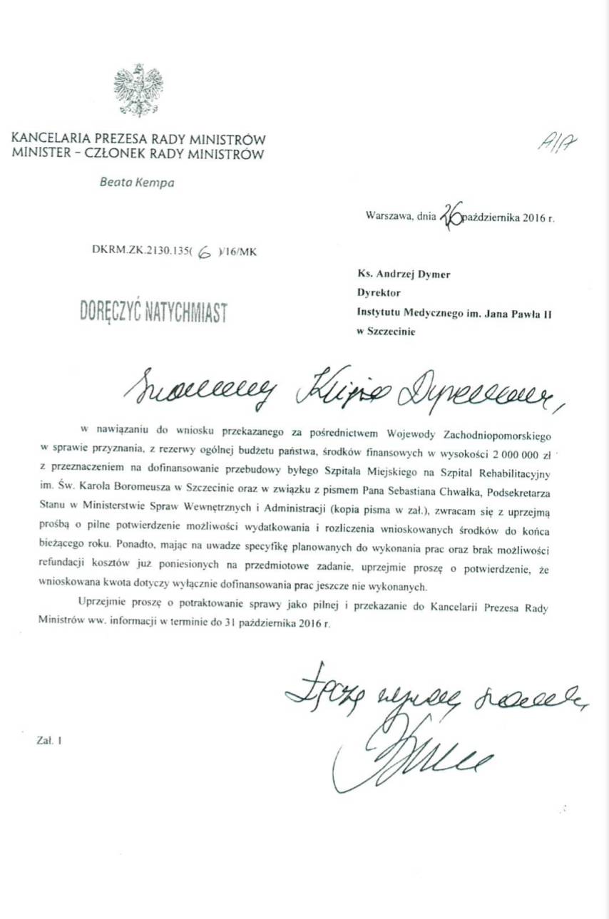 List Beaty Kempy do ks. Andrzeja Dymera w sprawie przekazania 2 milionów złotych z rezerwy budżetowej.