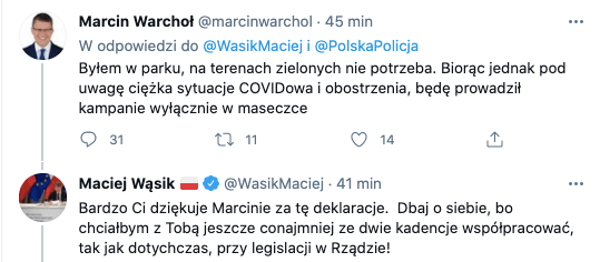Marcin Warchoł odpowiada Maciejowi Wójcikowi: „będę prowadził kampanie wyłącznie w maseczce", 27 marca 2021, źródło: Twitter