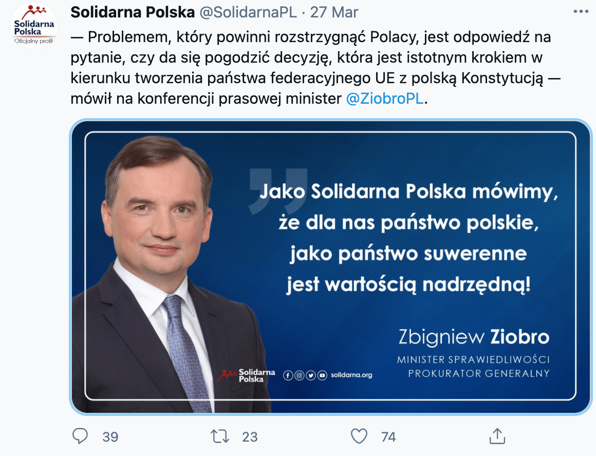 Tweet Solidarnej Polski Ziobro