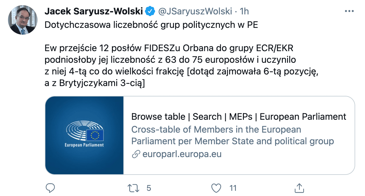 Tweet Jacka Saryusz-Wolskiego