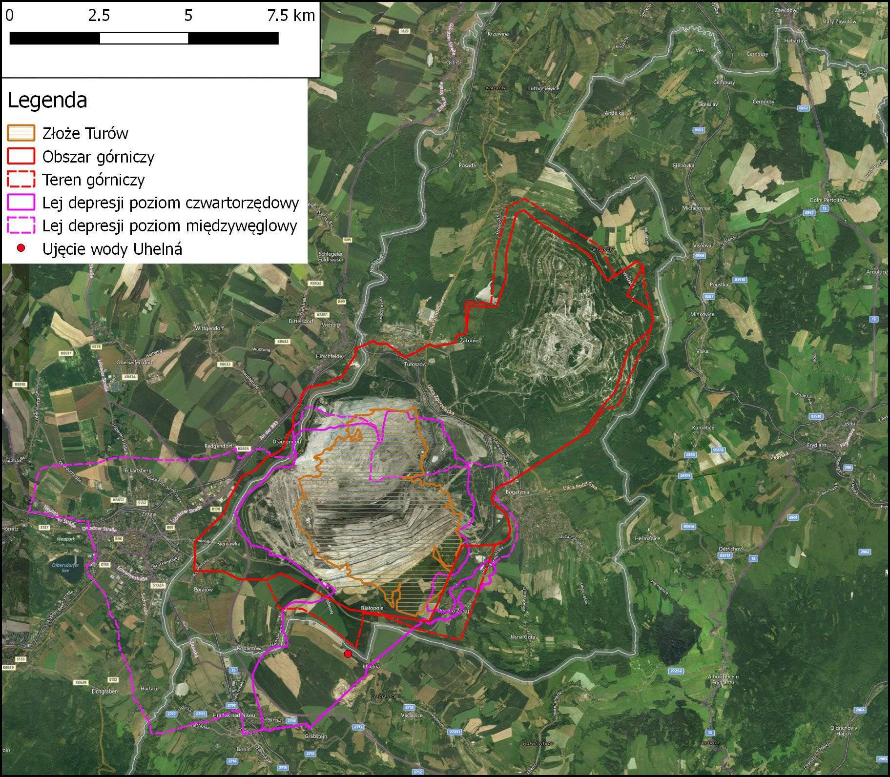 Mapa terenów wokół kopalni Turów