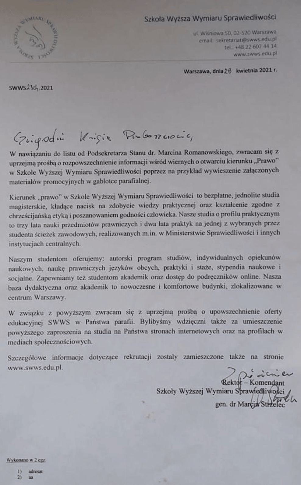 Gen. dr Marcin Strzelec, rektor Szkoły Wyższej Wymiaru Sprawiedliwości pisze do proboszczów z prośbą o pomoc w rekrutacji.