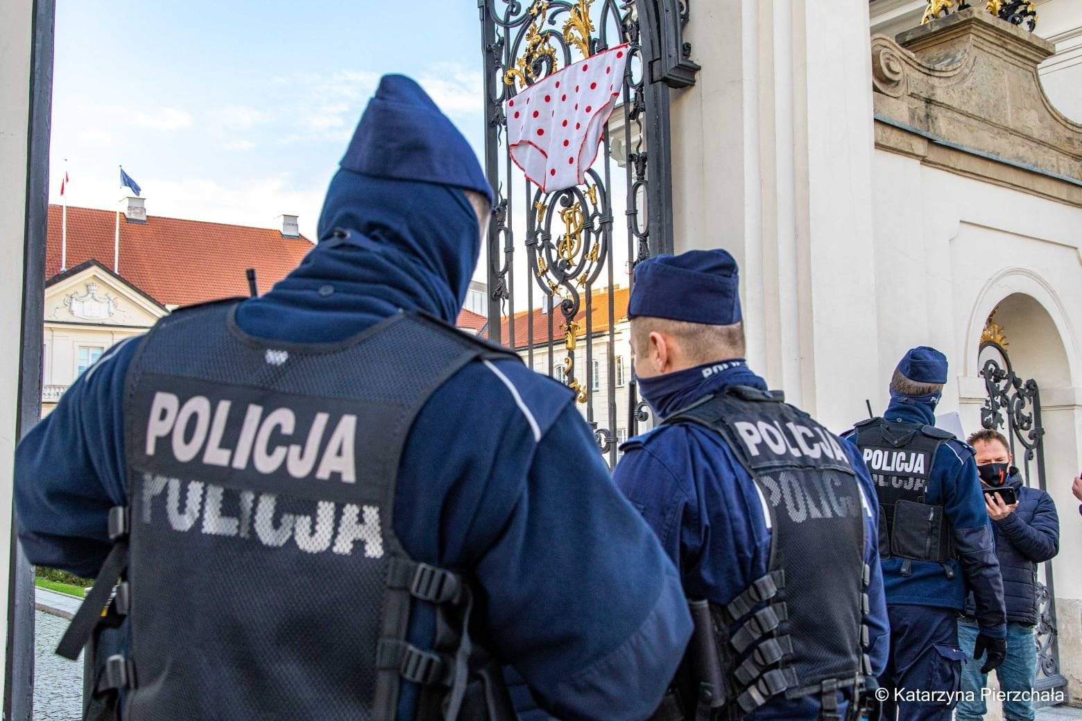 policja zdejmuje majteczki w kropeczki z bramy MKiDN