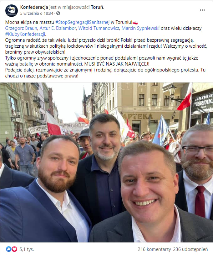 screen z FB: przedstawiciele Konfederacji na marszu antyszczepionkowym w Toruniu