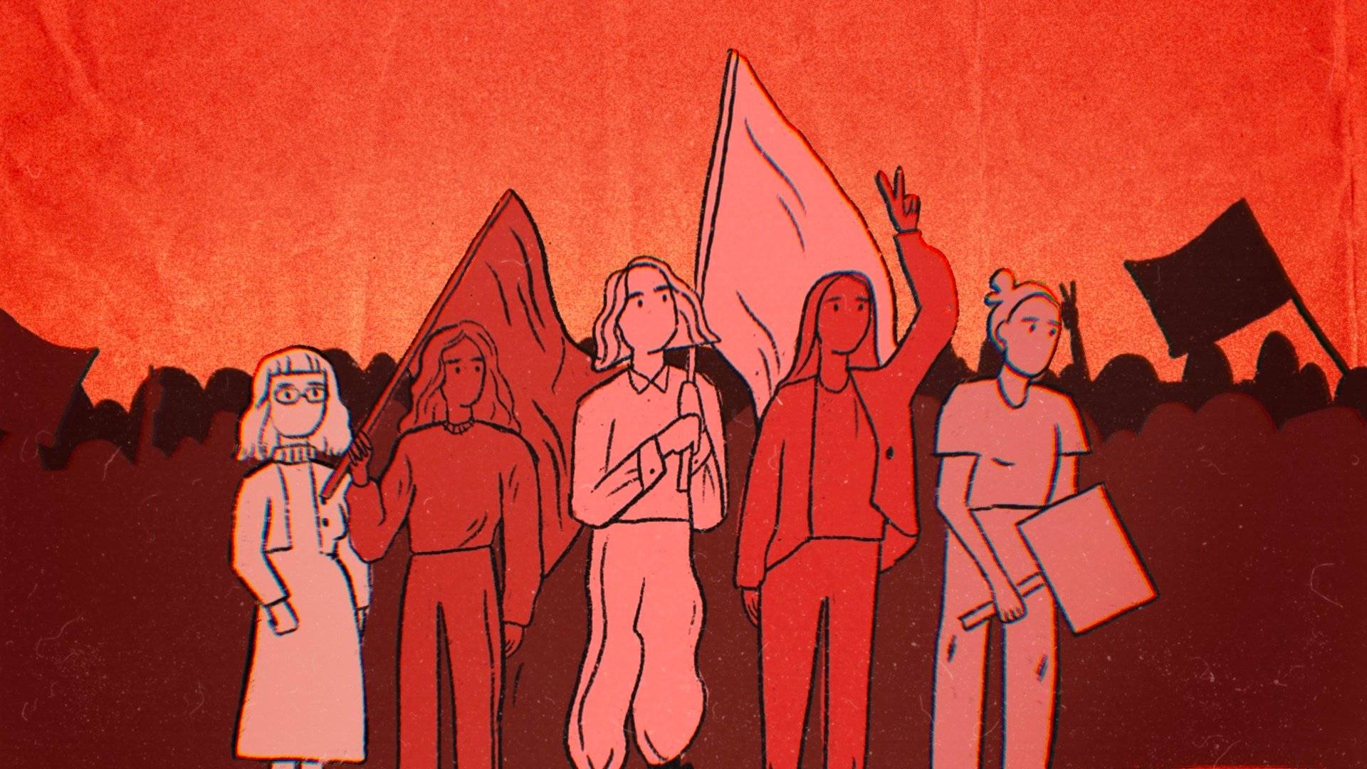 Grafiika w kolorze bordo przedstawiająca sylwetki kobiet z transparentami