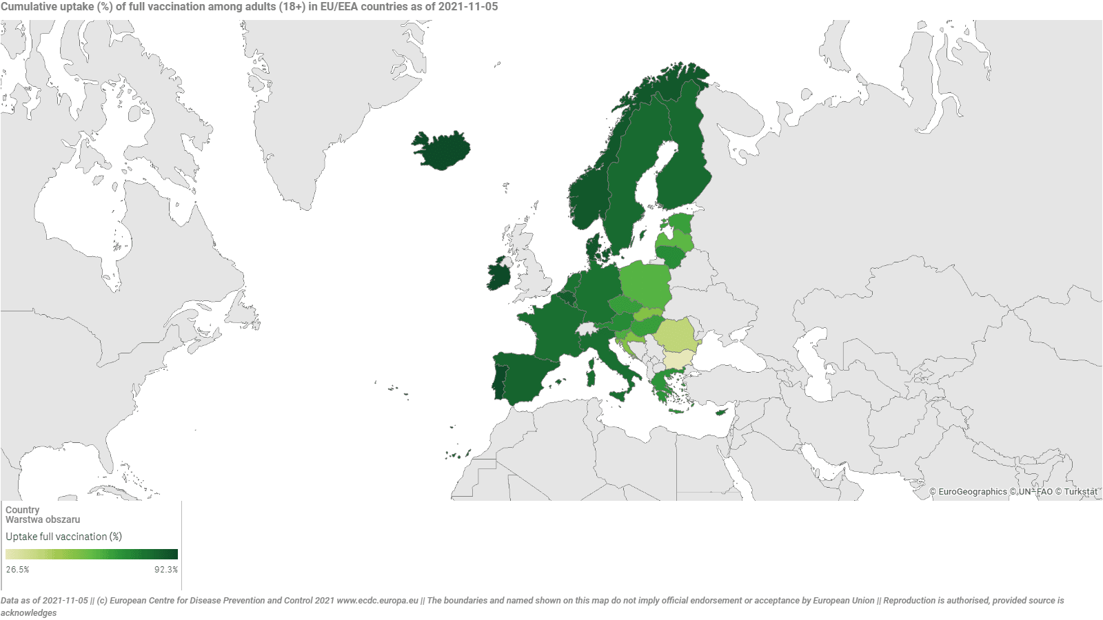 Mapa obrazująca odsetek w pełni zaszczepionych osób 18+ w krajach Unii Europejskiej.