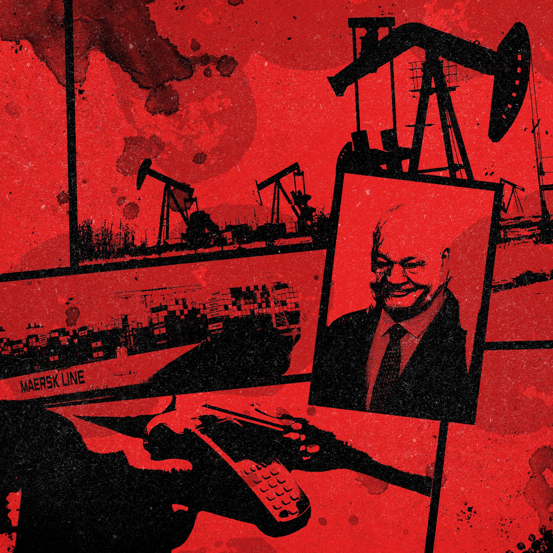 Kolaż przedstawiający Adama Glapińskiego, kontenerowiec, pole naftowe i terminal płatniczy