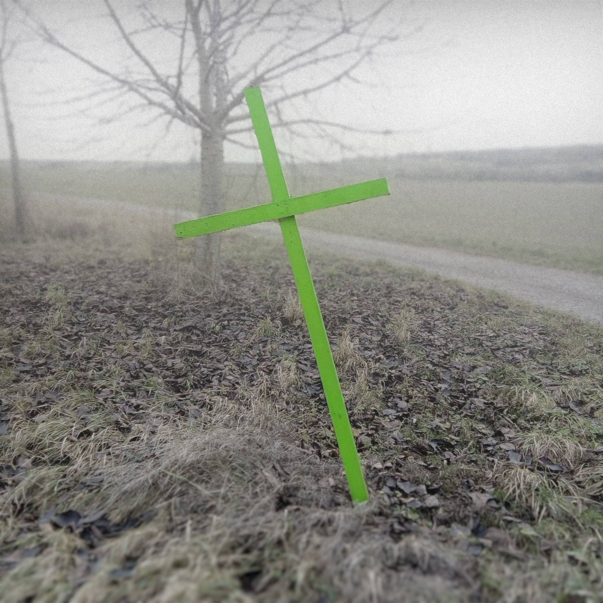 Drewniany krzyż pomalowany na zielono na polu obok drzewa