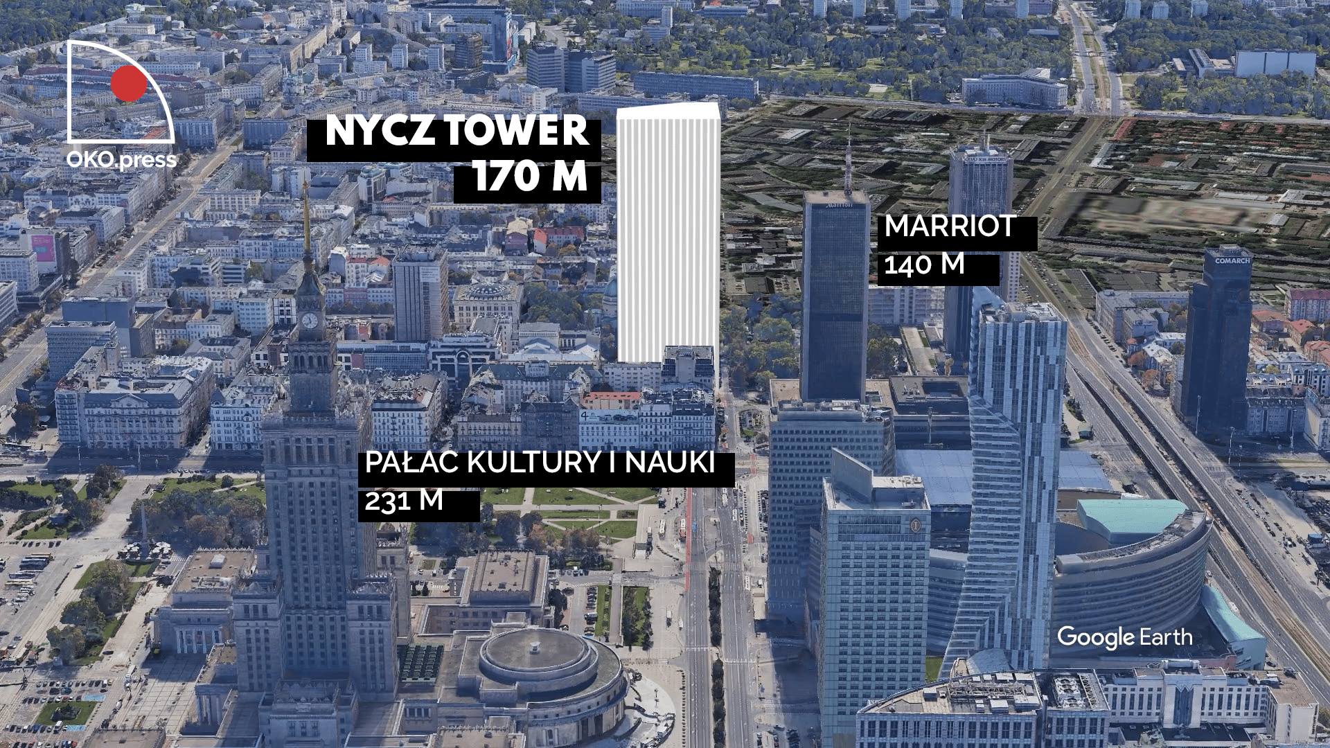 Nycz Tower na tle miasta.