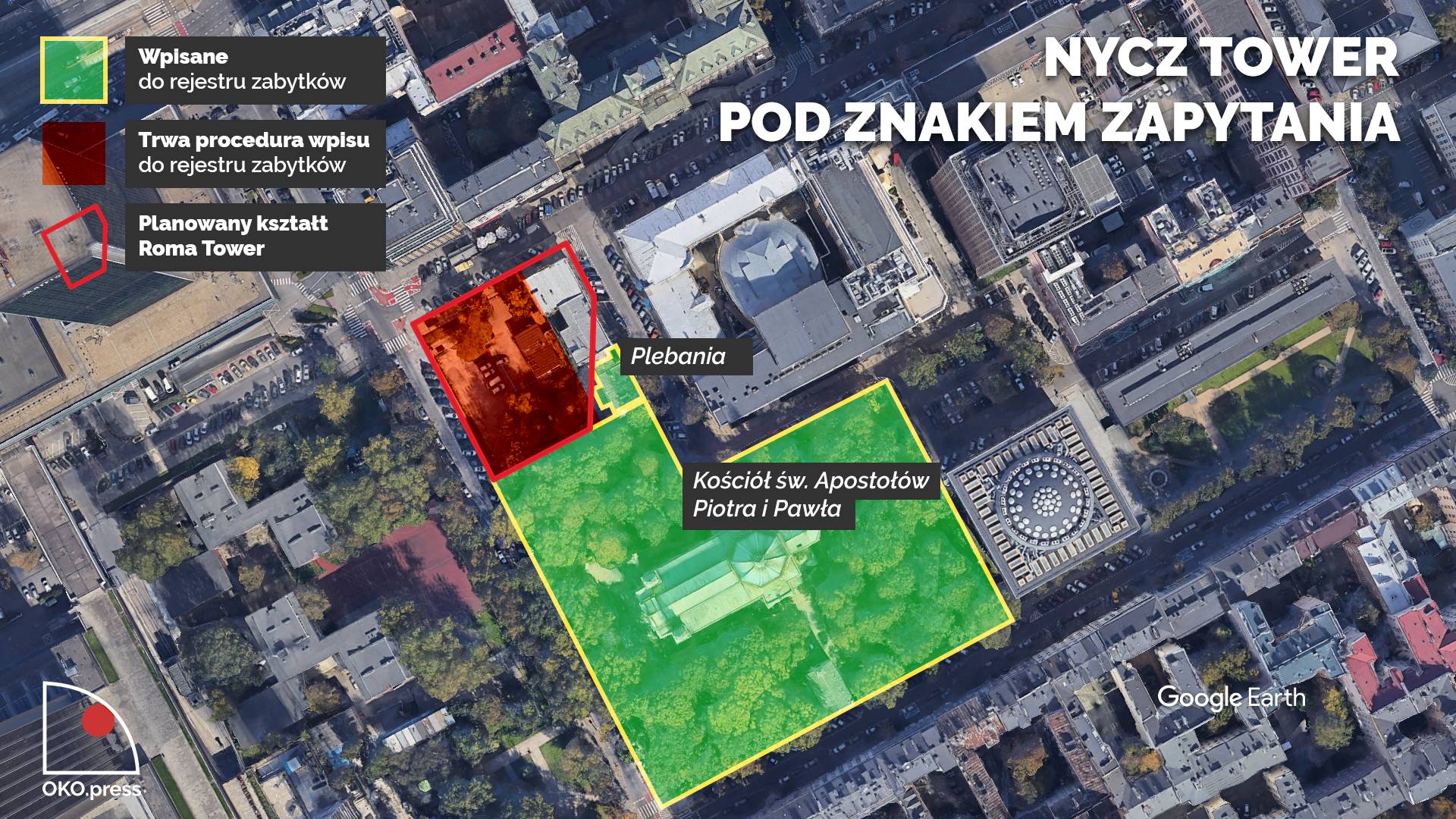 Mapa pokazująca zabytkowe otoczenie planowanej Nycz Tower.