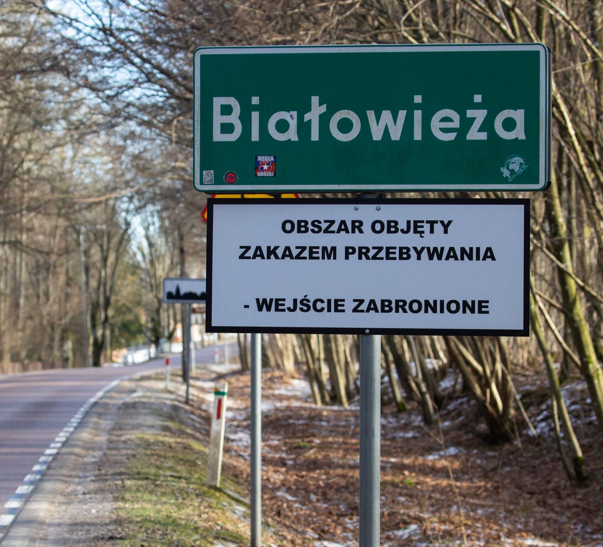 Tablica z napisem "Białowieża, teren objety zakazem przebywania
