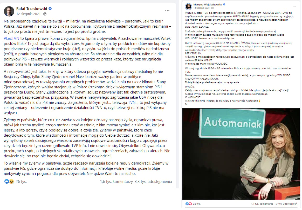 Screen z dwoma wpisami na Facebooku: Trzaskowskiego i Wojciechowskiej