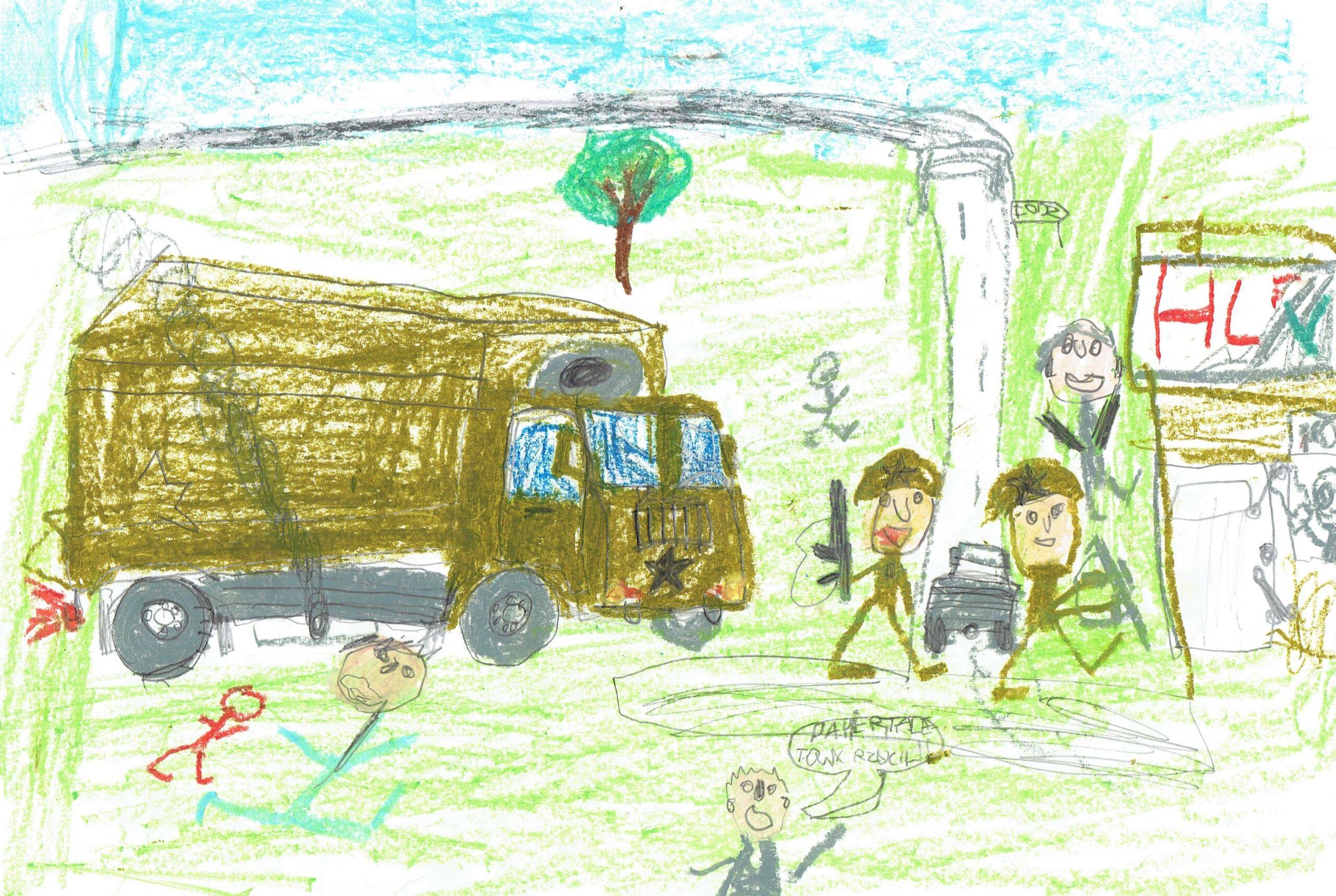Rysunek dziecięcy z wojskową ciężarówką