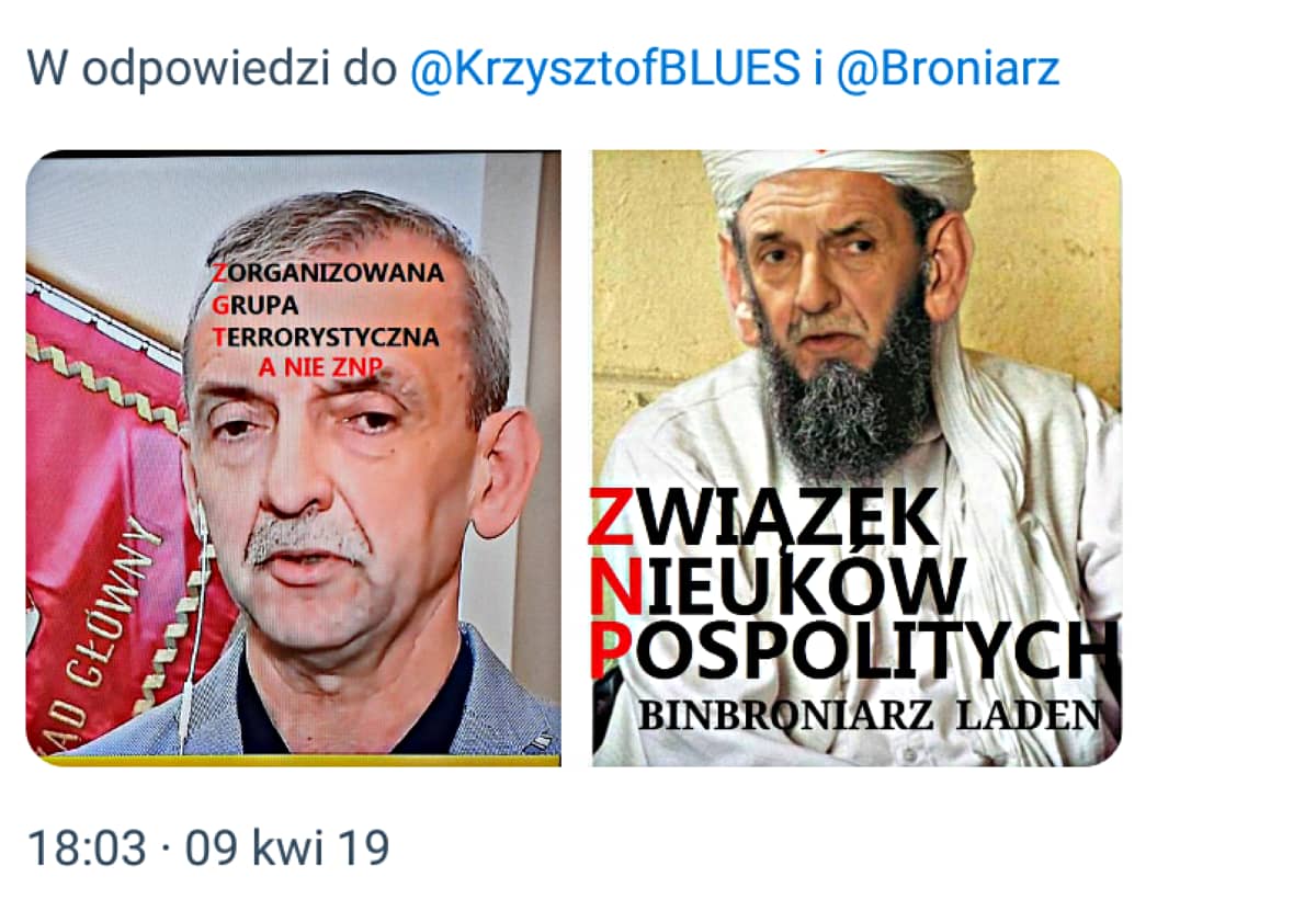 Frgament postu na TT przedstawiający Sławomira Broniarza i ZNP jako przestępców