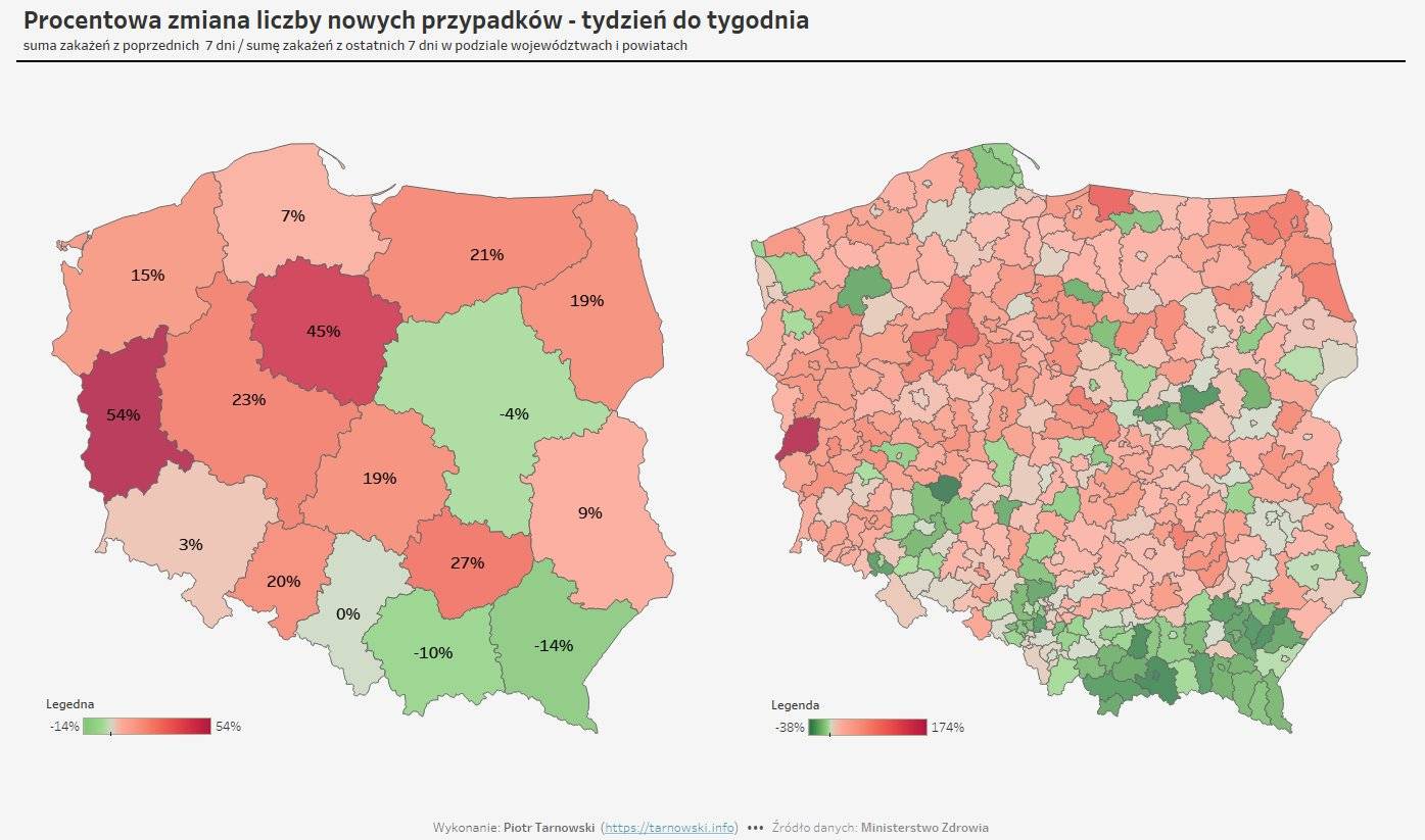 zmiana liczby nowych przypadków t/t w Polsce