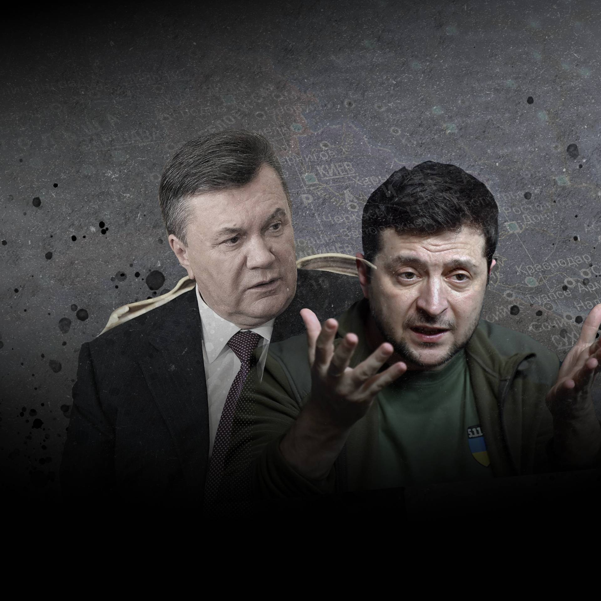 Wiktory Janukowycz i Wołodymir Zełenski, w tle mapa Ukrainy. Janukowycz wezwał Zełenskiego, by ten się poddał. Zełenski: "nie jesteśmy gotowi do poddania się, ponieważ nie chodzi o mnie. Chodzi o ludzi, którzy mnie wybrali"