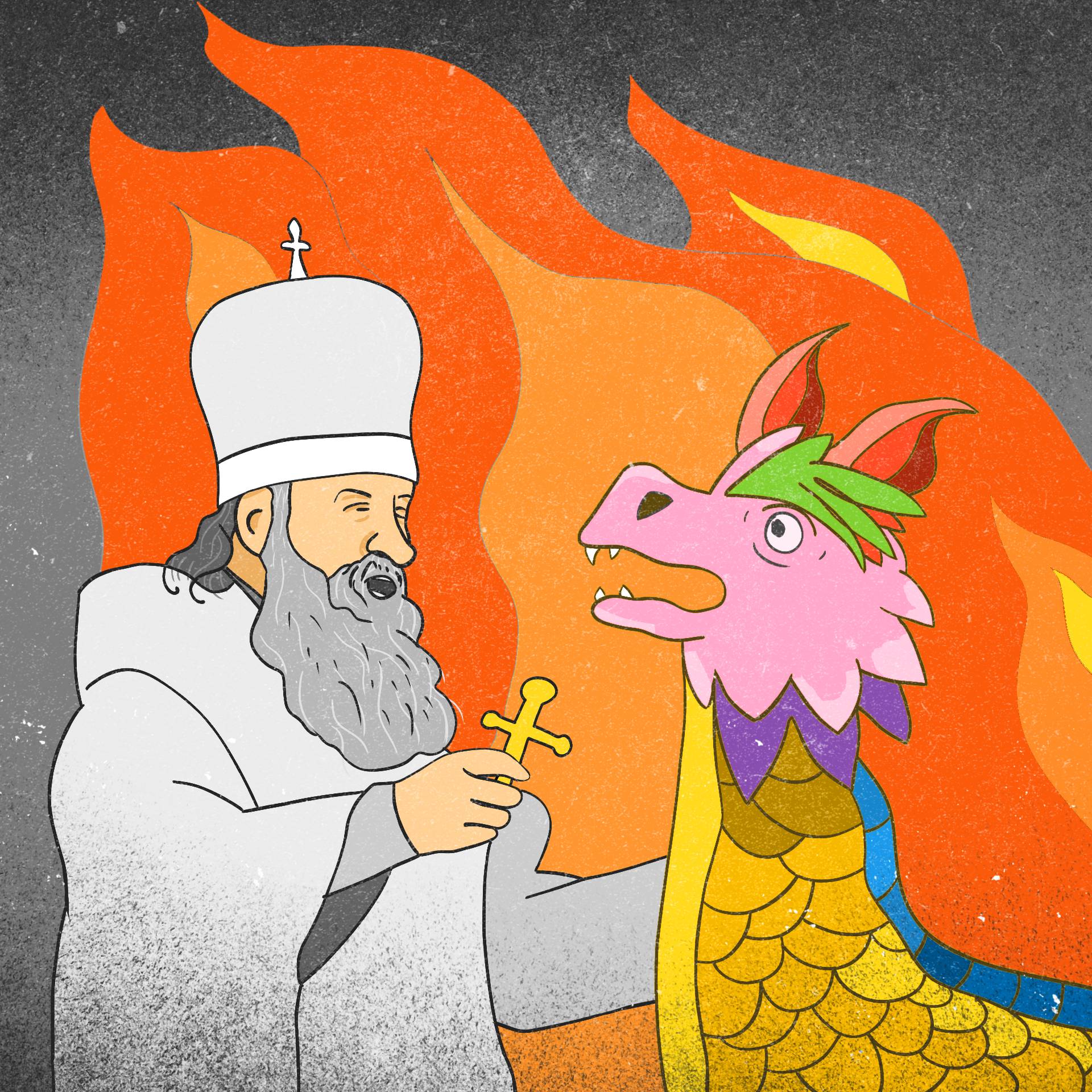 Patriarcha Cyryl I wymachuje krzyżem przed kolorowym, zdziwionym smokiem, w tle płomienie