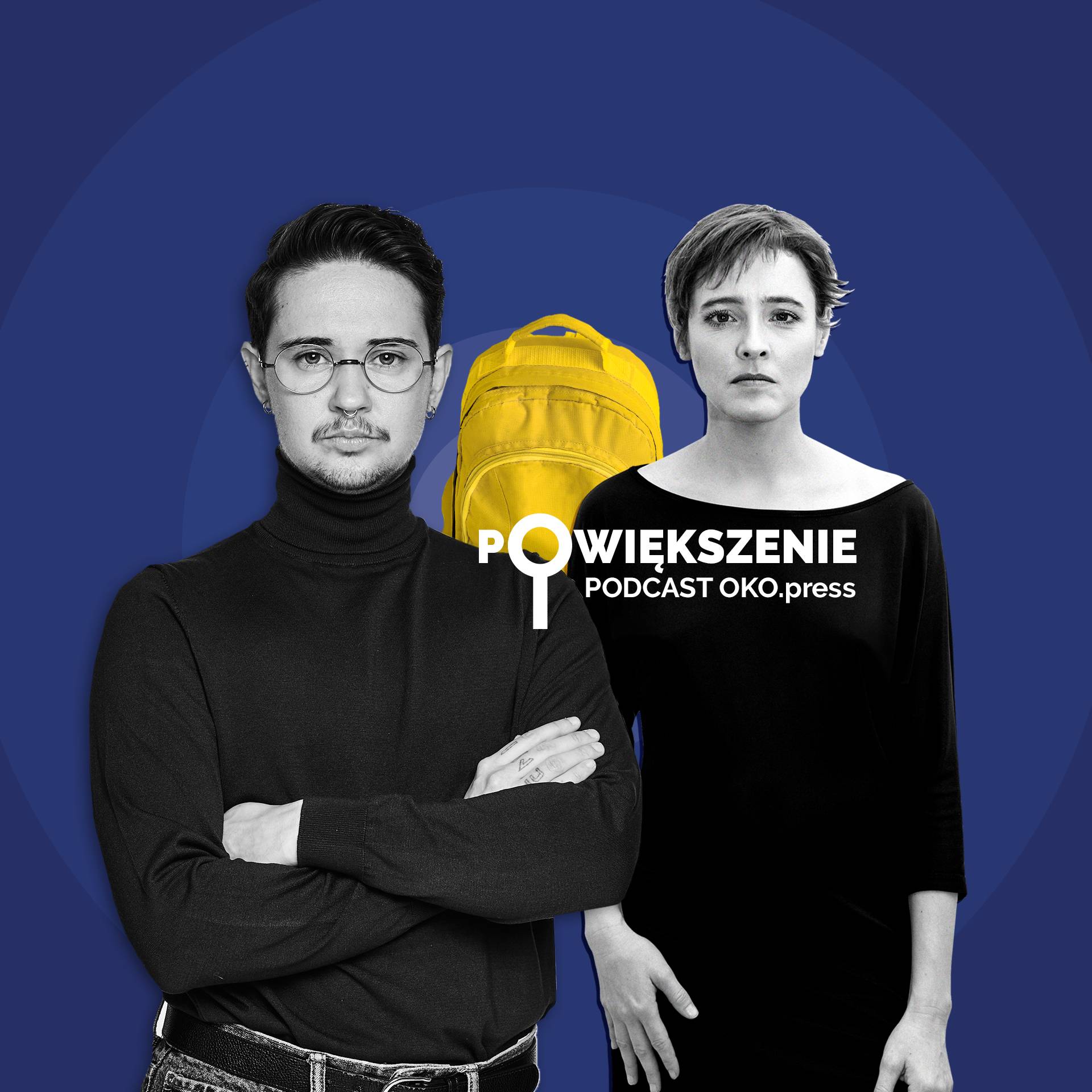 Na pierwszym planie zdjęcie Antona Ambroziaka i Agaty Kowalskiej, w tle żółty plecak szkolny