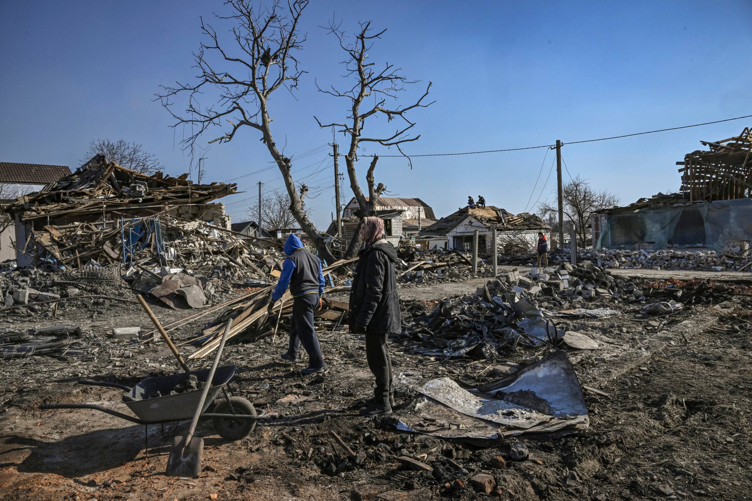 Zbombardowany dom i bezlistne drzewo