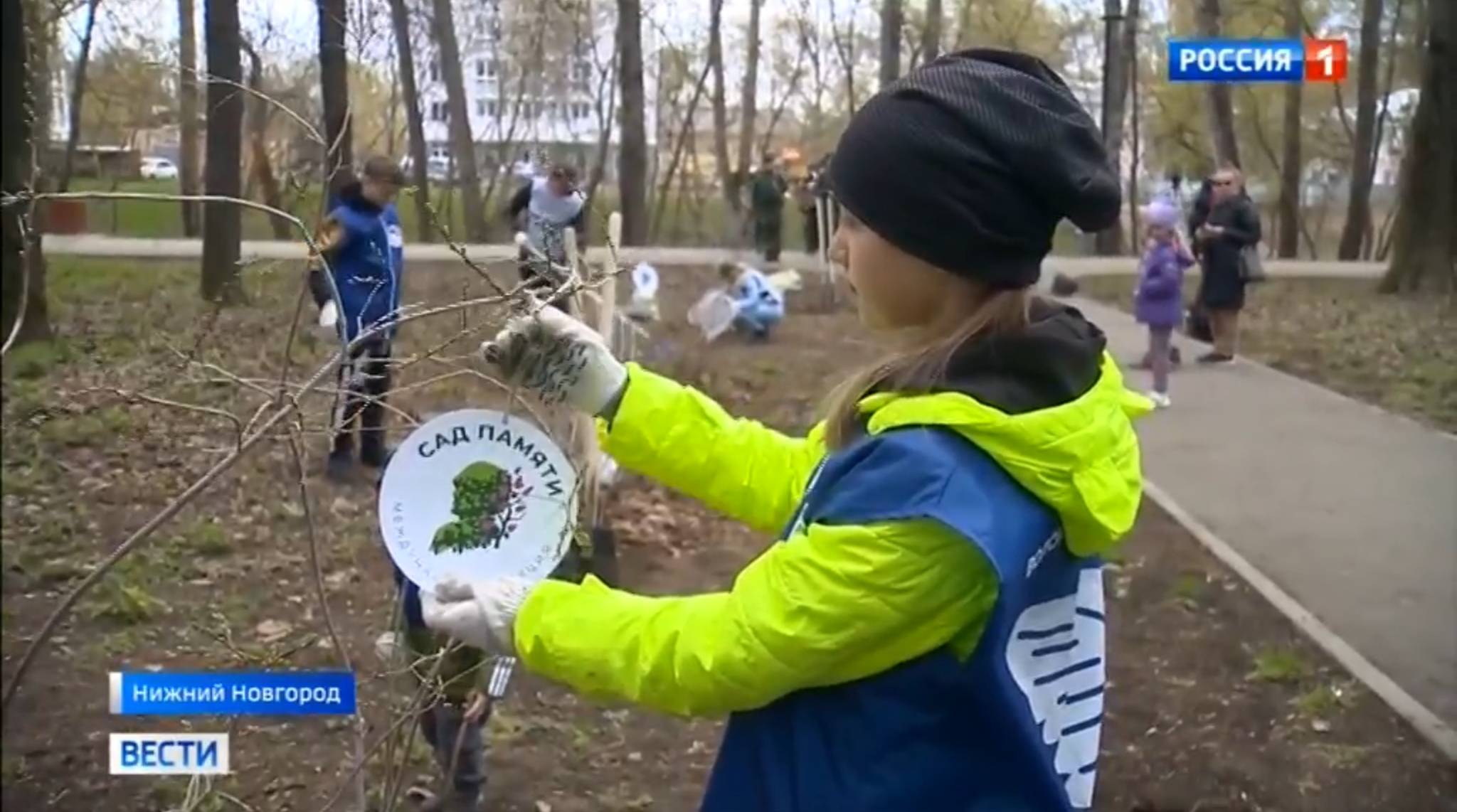 Dziecko pokazuje rosyjską przywieszkę na drzewie "Sad pamięci"