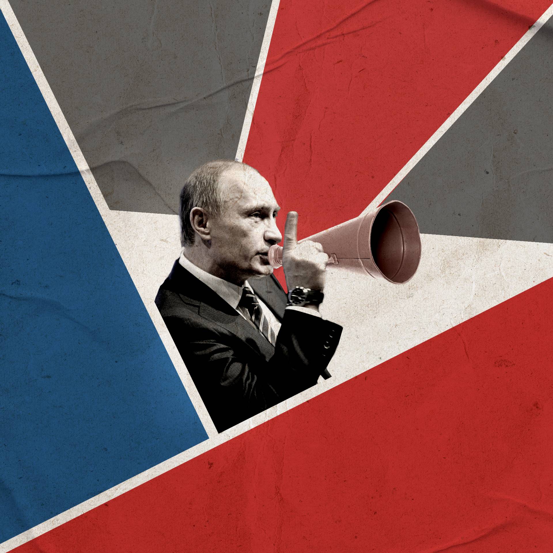 Władimir Putin trzyma w rękach "szczekaczkę" starego typu