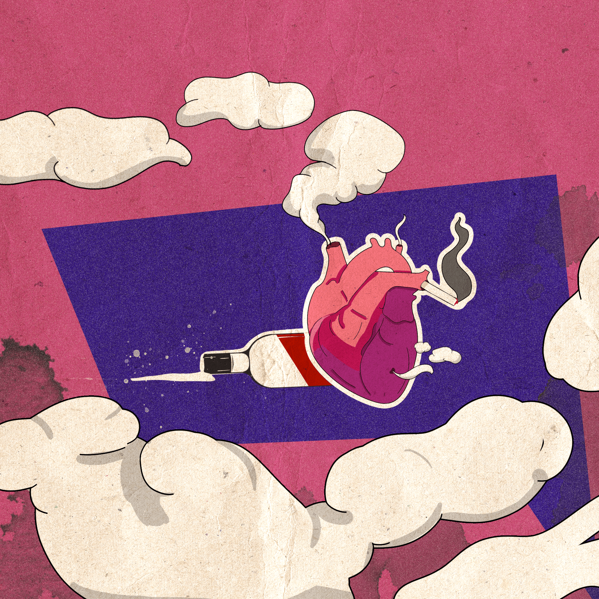 Ilustracja – anatomiczne serce z dymiącym papierosem wystającym z jednej z żył, dymem wydobywającym się z jednej z tętnic, w tle leży butelka z wylanym alkoholem