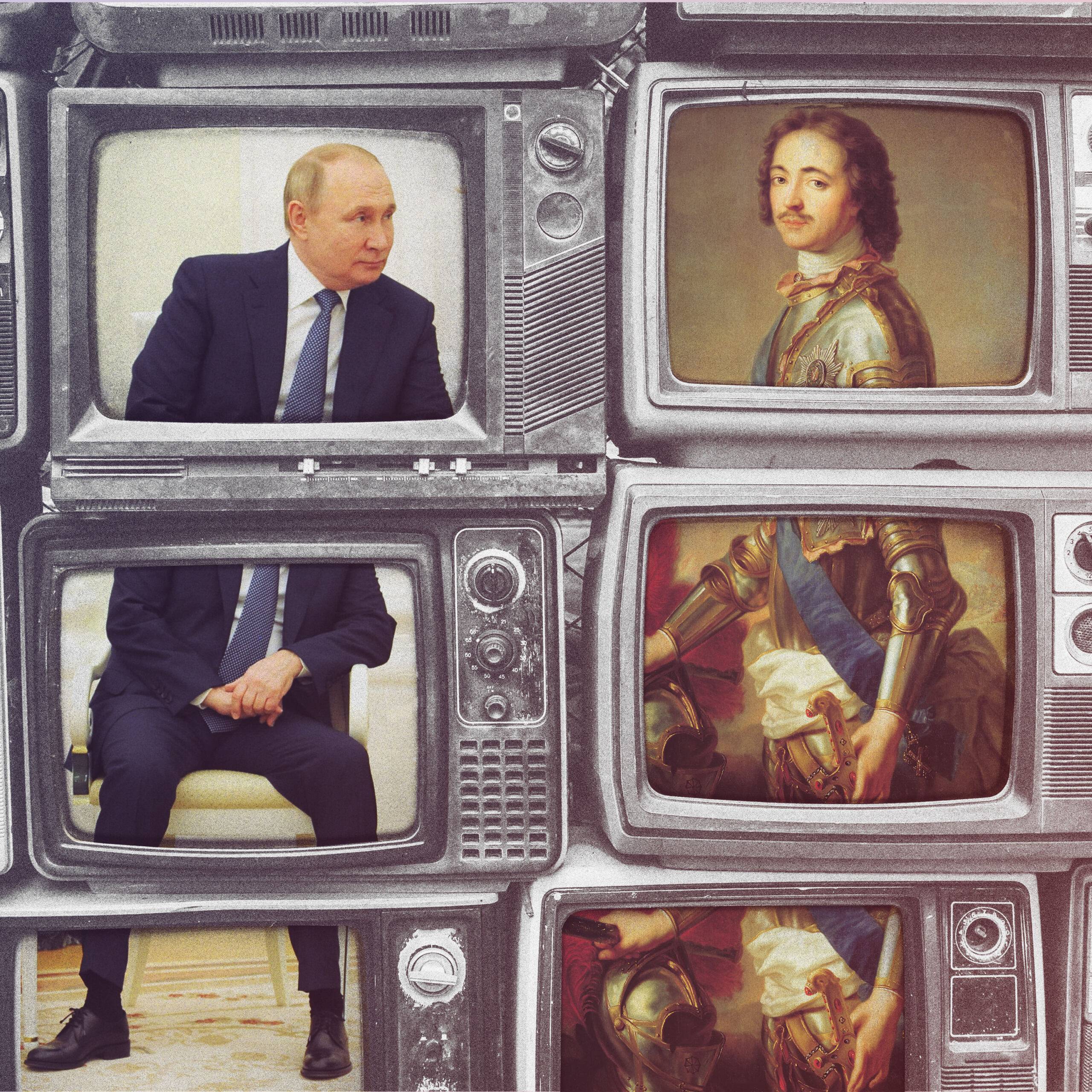 Monitory telewizorów z wizerunkami Putina i Piotra