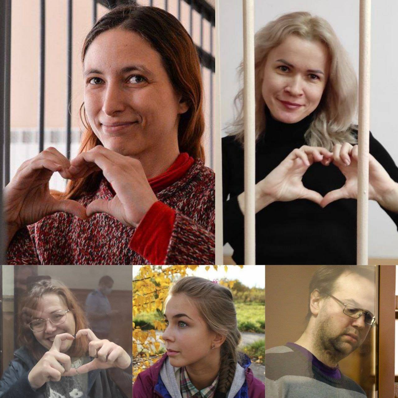 Rosjanki i Rosjanie sądzeni za protesty antywojenne. Od góry od lewej: Sasza Skoczilenko, Maria Ponomarienko, Olga Smirnowa, Wiktoria Pietrowa i Boris Romanow.