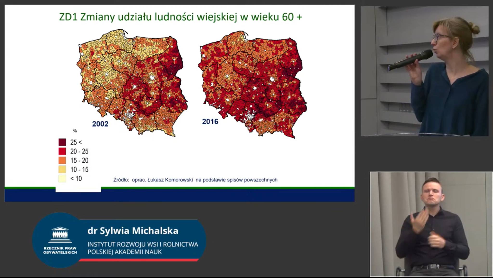 Kobieta pokazuje prezentację, obok tłomaczka PJM. Na prezentacji dwie mapy Polski, z 2002 r i z 2016 r. pokazujące, jak starzeje się przede wszystkim Polska wschodnia i środkowa