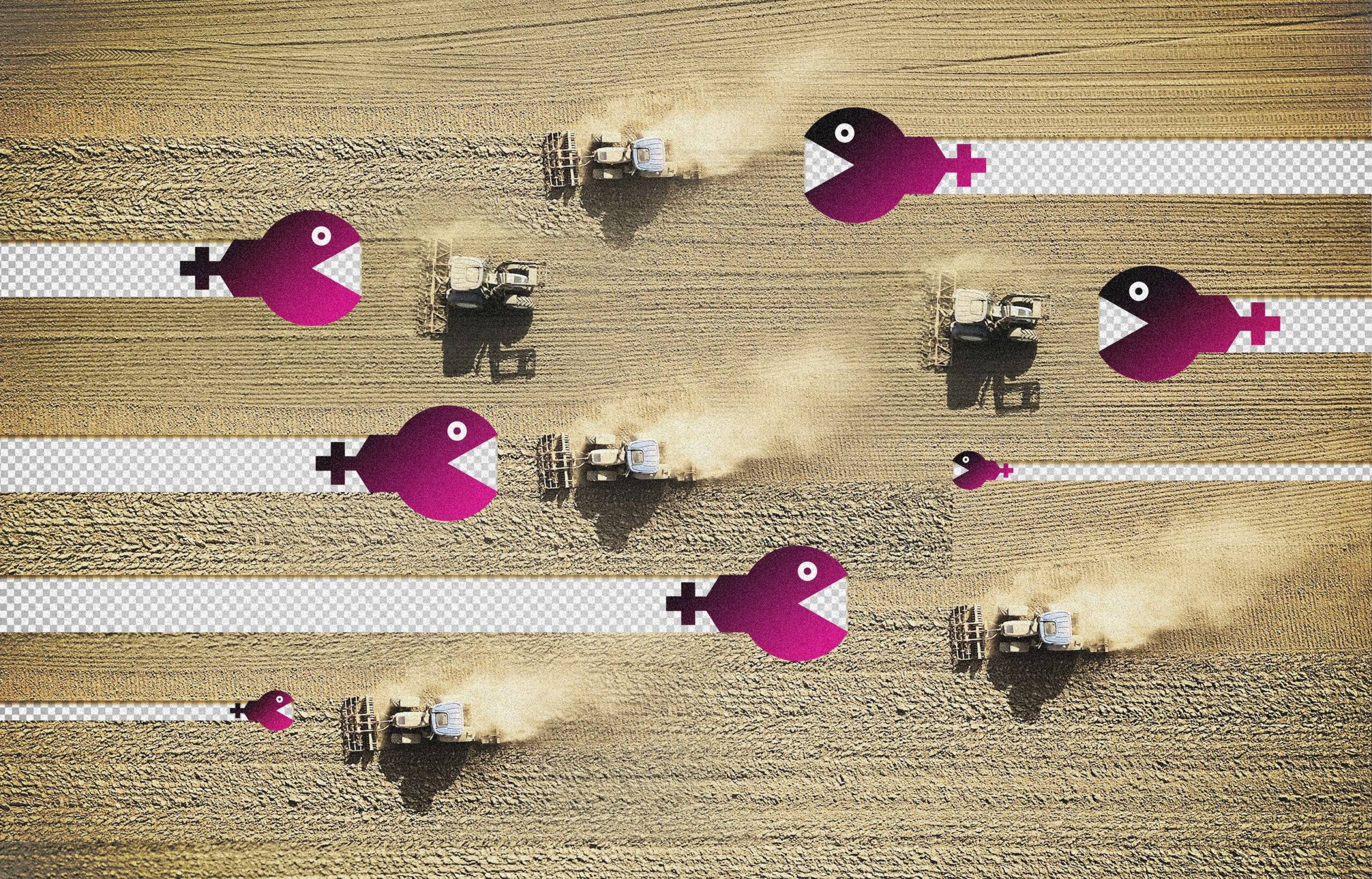Purpurowe kulki z Pac-Mana, symbolizujące Kościół katolicki, pożerają pole uprawiane przez rolników.