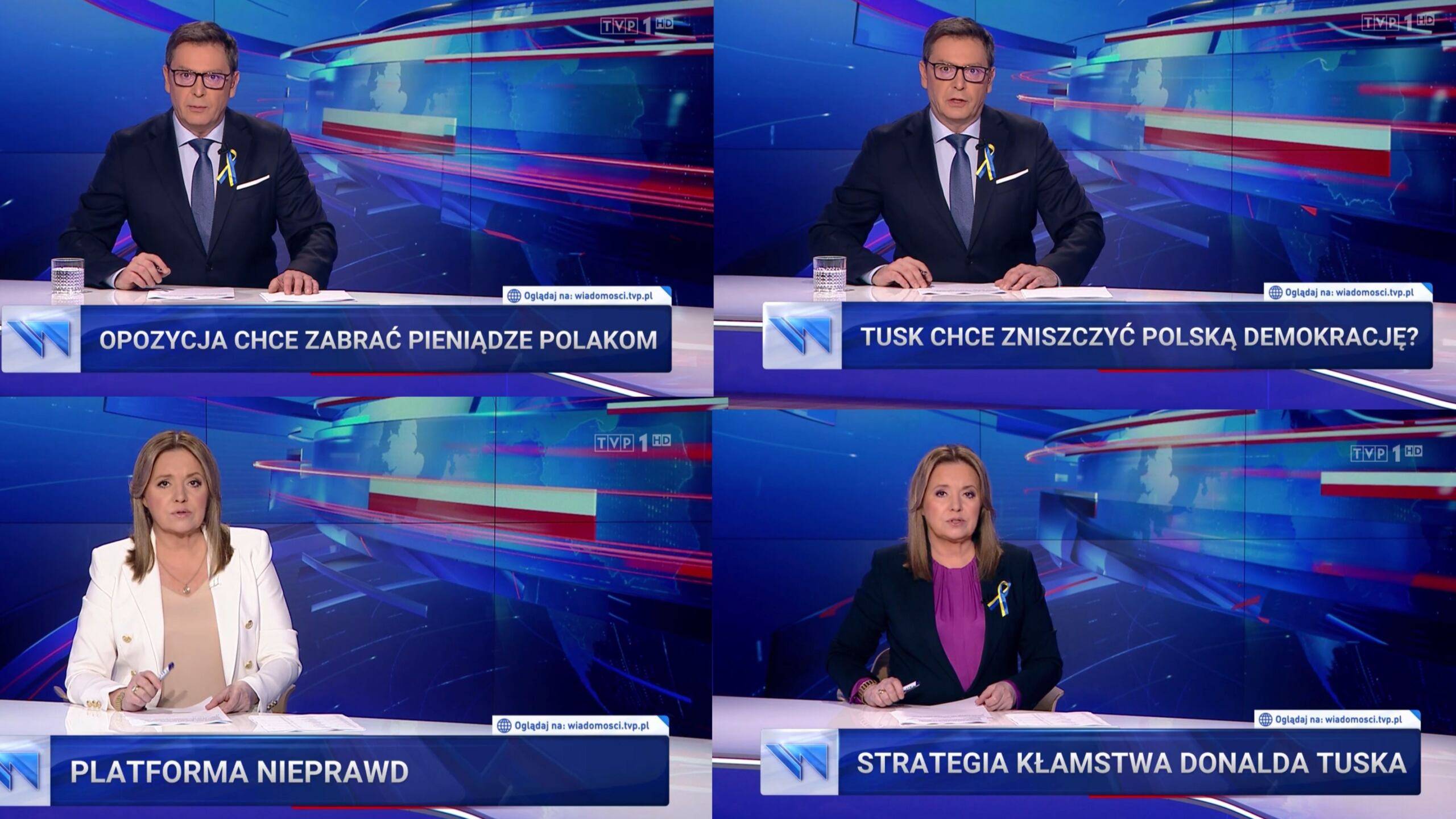 4 ekrany "Wiadomości" TVP z belkami informacyjny o treści: 'Opozycja chce zabrać pieniądze Polakom", "Tusk chce zniszczyć polską demokrację", "Platforma nieprawd" i "Strategia kłamstwa Donalda Tuska"