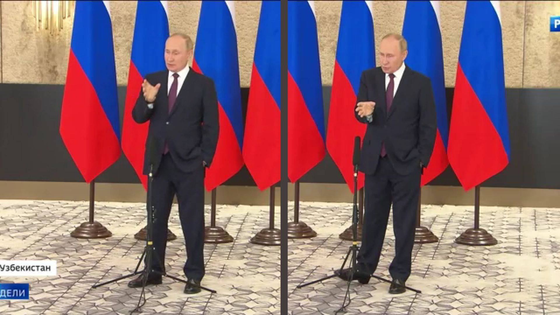 Dwa zdjęci pokazujące gestykulującego Putina (rusza reką i noga, drugą rękę trzyma w kieszeni)