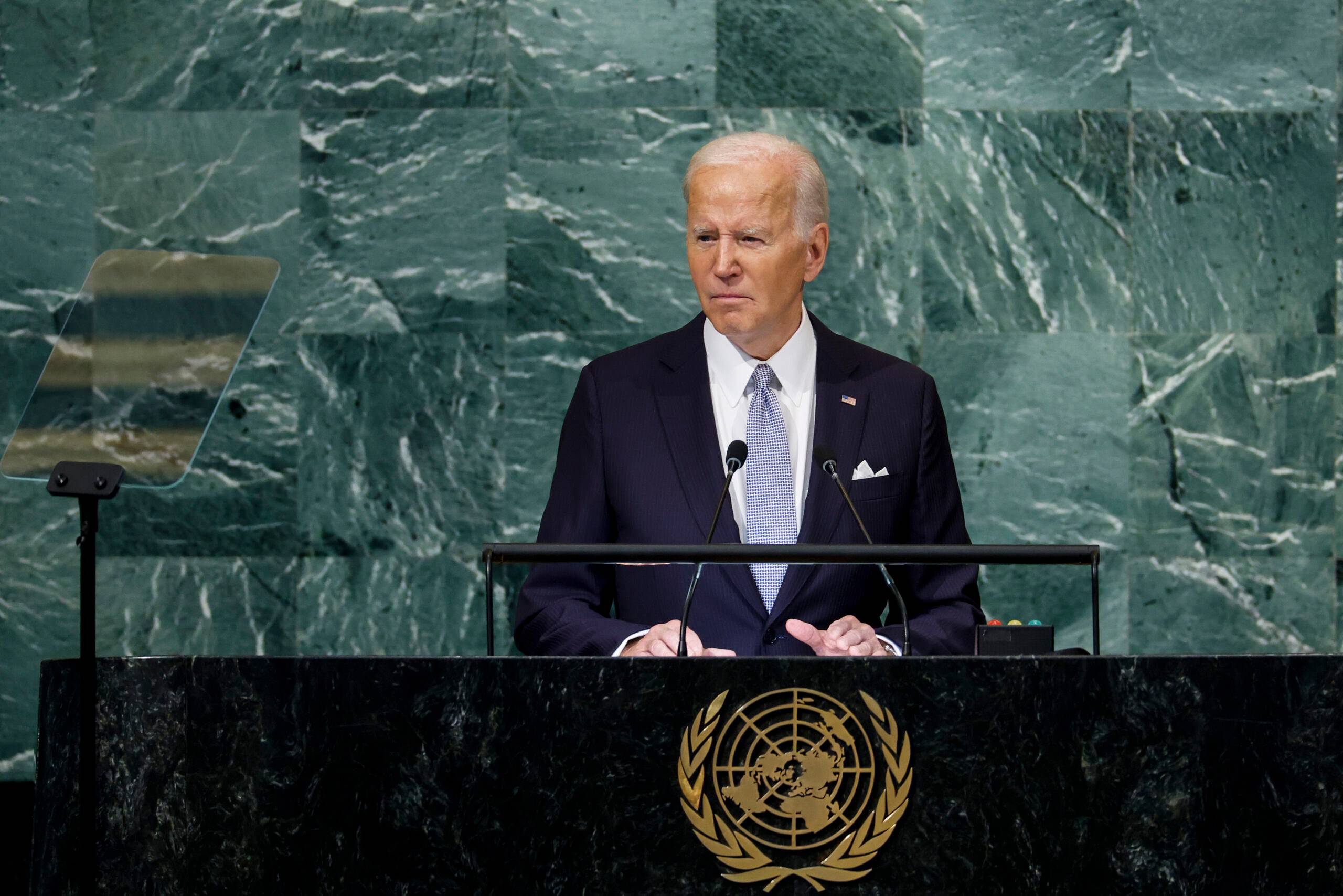 NEW YORK, NEW YORK - SEPTEMBER 21: U.S. President Joe Biden speaks during the 77th session of the United Nations General Assembly (UNGA) at U.N. headquarters on September 21, 2022 in New York City. During his remark Biden condemned Russia for its invasion in Ukraine and discussed the United States investment in combatting climate change. After two years of holding the session virtually or in a hybrid format, 157 heads of state and representatives of government are expected to attend the General Assembly in person.   Anna Moneymaker/Getty Images/AFP (Photo by Anna Moneymaker / GETTY IMAGES NORTH AMERICA / Getty Images via AFP)