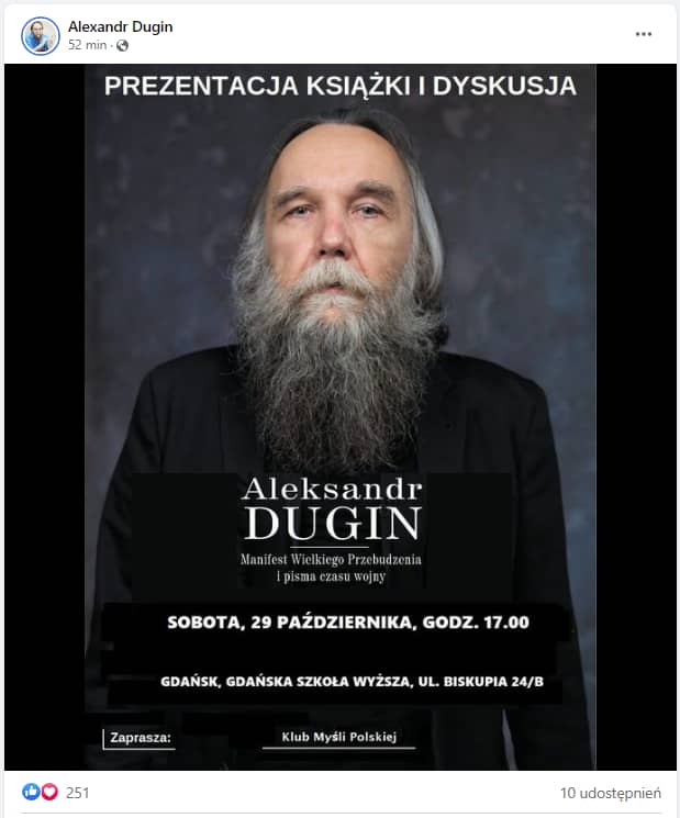 Post Aleksandra Dugina z plakatem informującym o promocji jego książki w Gdańskiej Szkole Wyższej