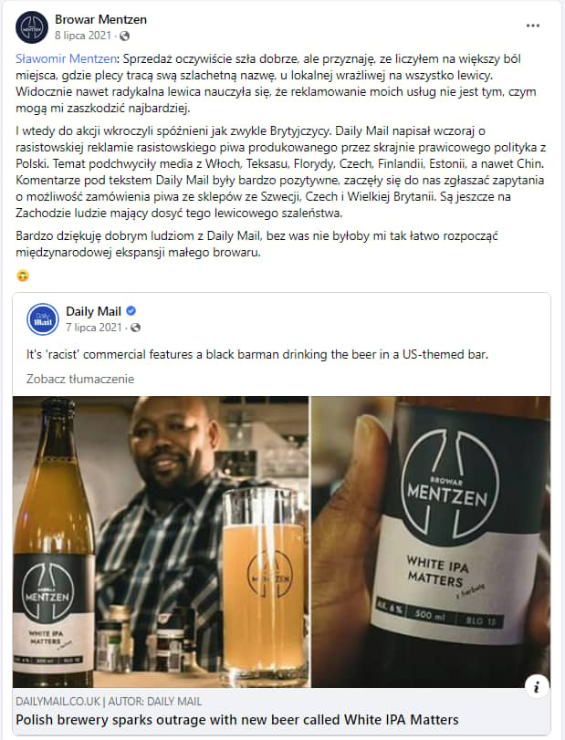 Zrzut ekranu z konta Browaru Mentzen na Faceobooku. Widać reklamę piwa White IPA Matter, w tle czarnoskóry barman.
