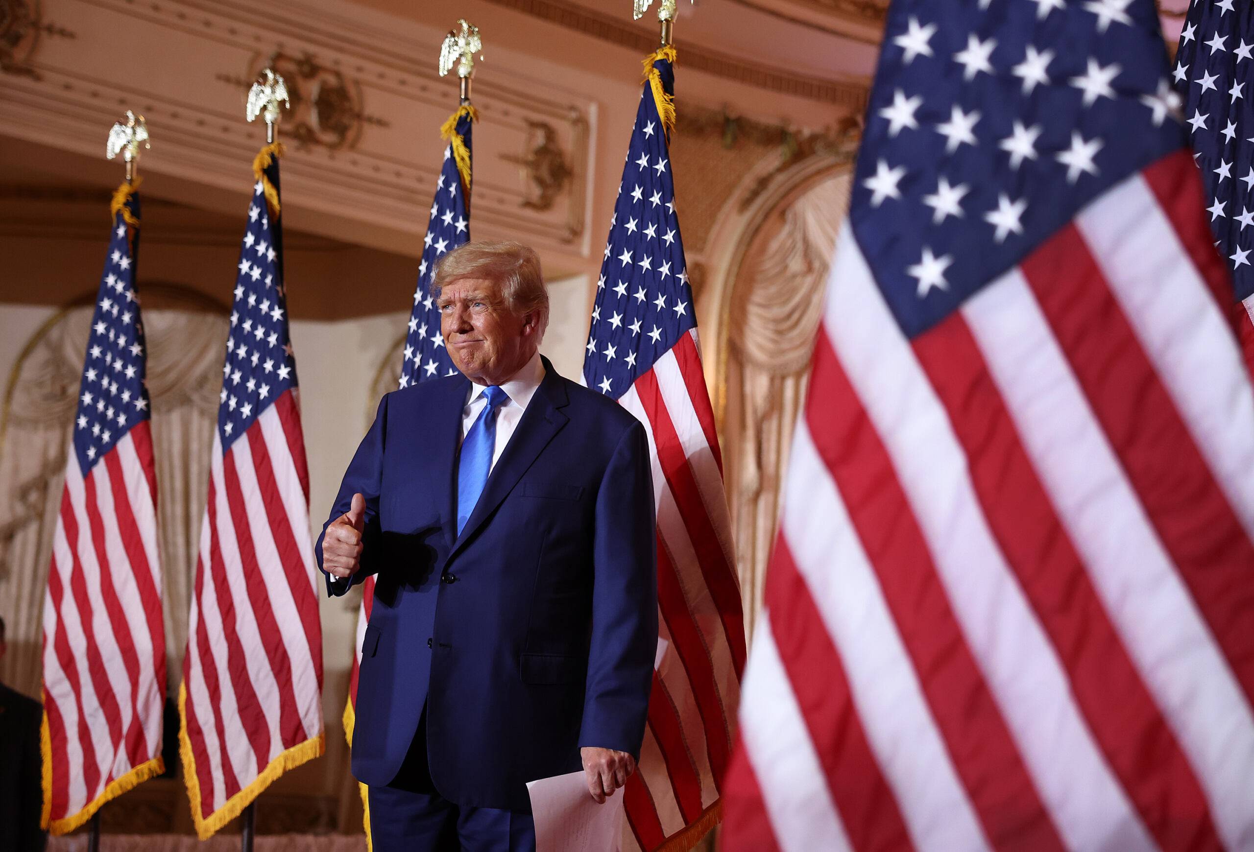 PALM BEACH, FLORIDA - NOVEMBER 08: Former U.S. President Donald Trump speaks during an election night event at Mar-a-Lago on November 08, 2022 in Palm Beach, Florida. Trump addressed his supporters as the nation awaits the results of the midterm elections.   Joe Raedle/Getty Images/AFP (Photo by JOE RAEDLE / GETTY IMAGES NORTH AMERICA / Getty Images via AFP)
