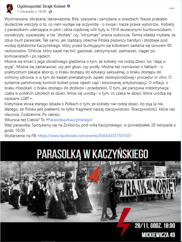 Zrzut ekranu z konta Strajku Kobiet, z zapowiedzią protestu pod domem Jarosława Kaczyńskiego
