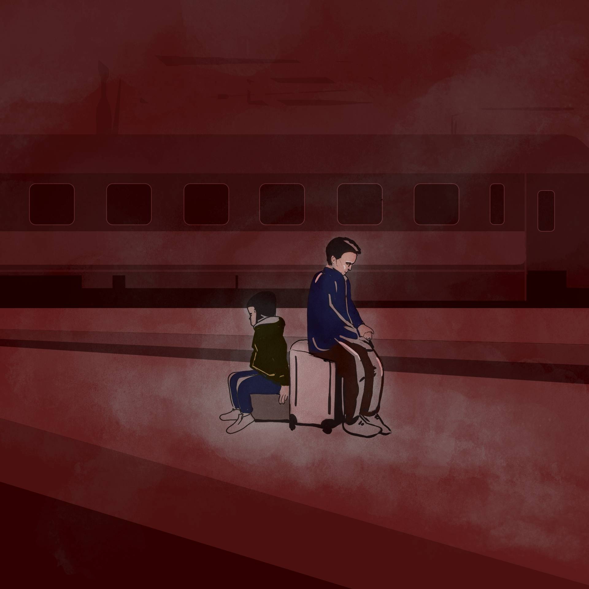 Ilustracja przedstawia dwójkę chłopców – nastolatka i kilkulatka – siedzących na walizkach na peronie kolejowym