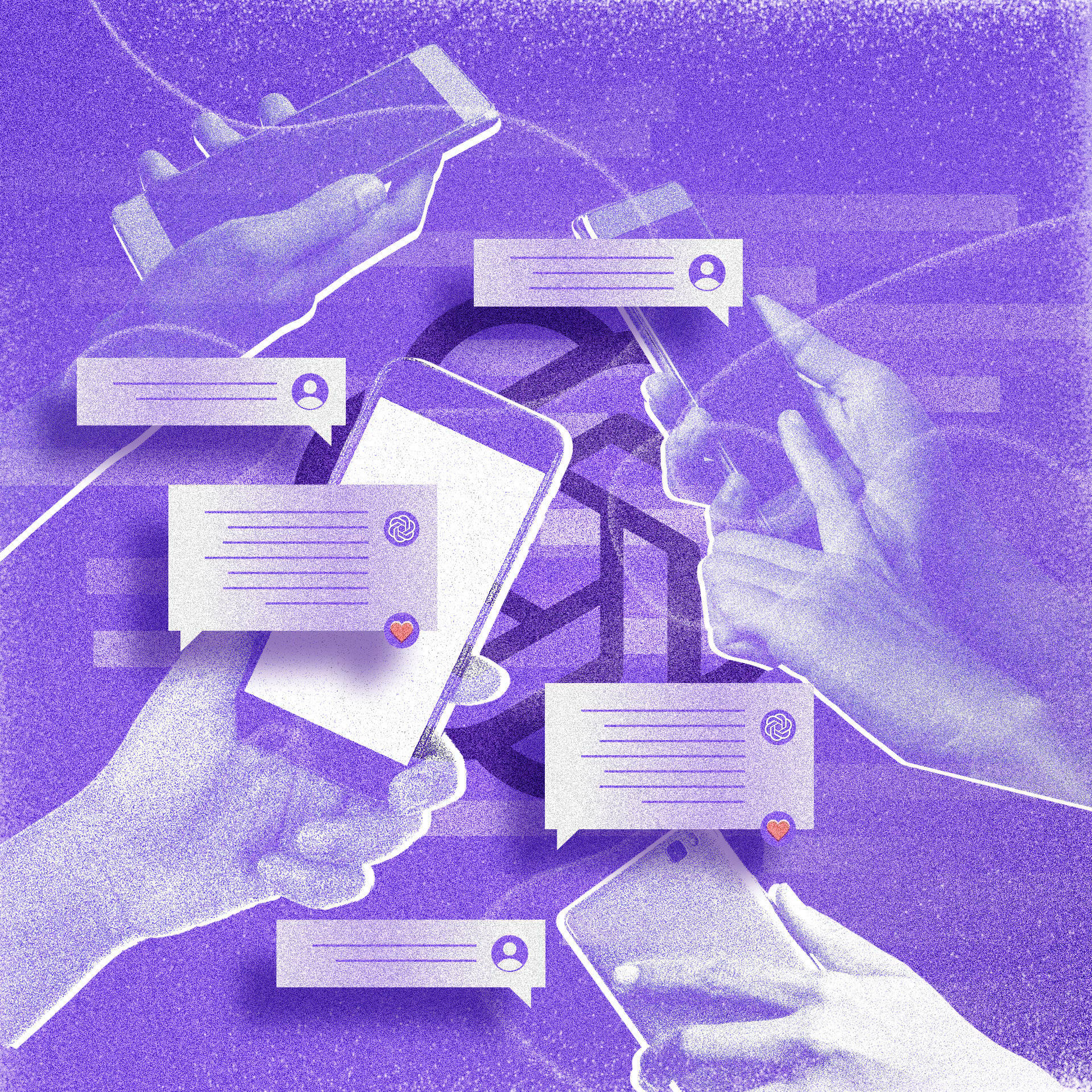 ilustracja przedstawiająca wiadomości tekstowe na tle smartfonu i dłoni