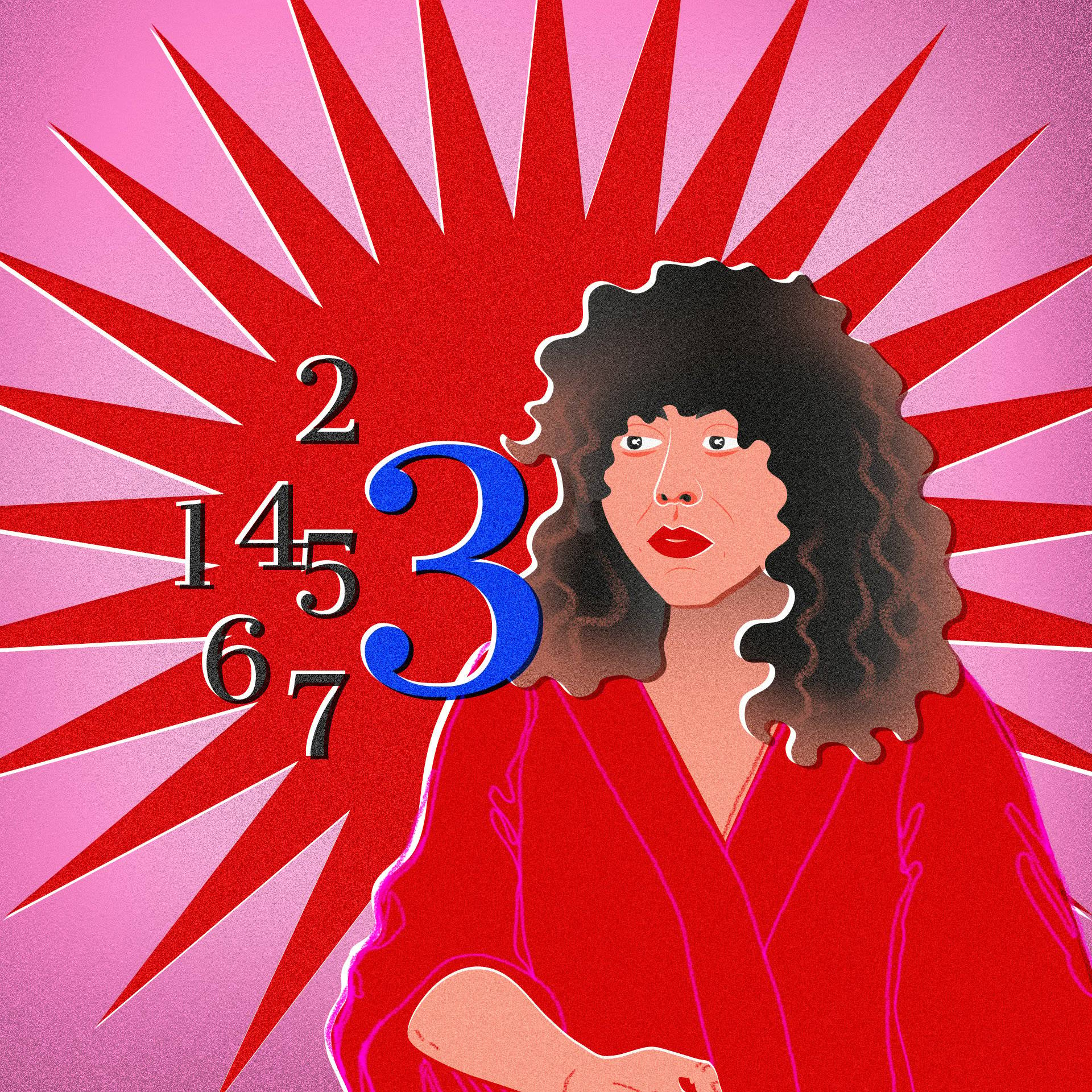 Różowo-czerwona grafika z wizerunkiem kobiety o kręconych włosach (Agnieszki Szpili) i cyframi od 1 do 7, gdzie wyróżniona jest cyfra 3