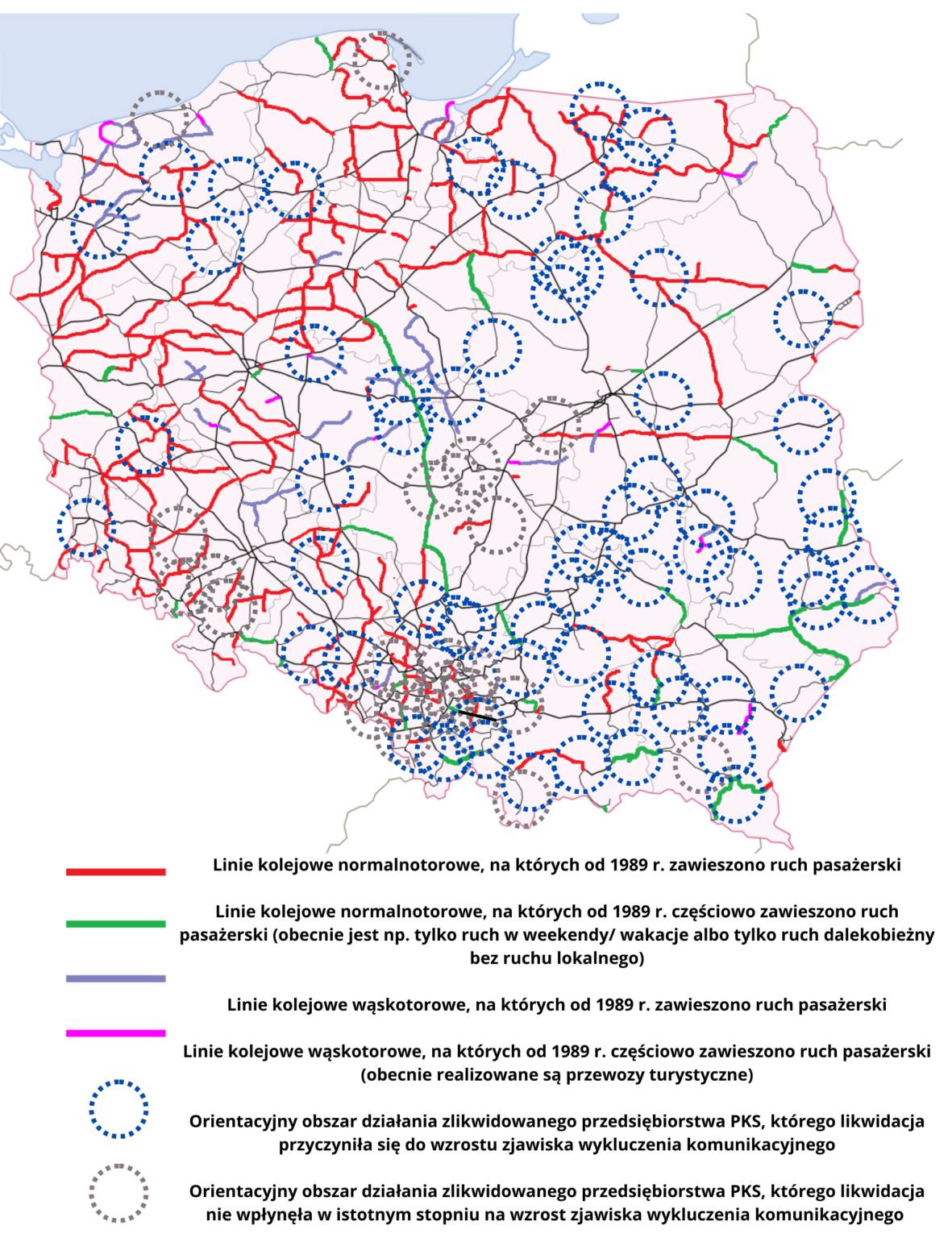 Mapa, na której widać, ile linii kolejowych zostało zlikwidowanych po 1989 roku. Duża część mapy zaznaczona kolorem czerwonym, oznaczającym likwidację linii