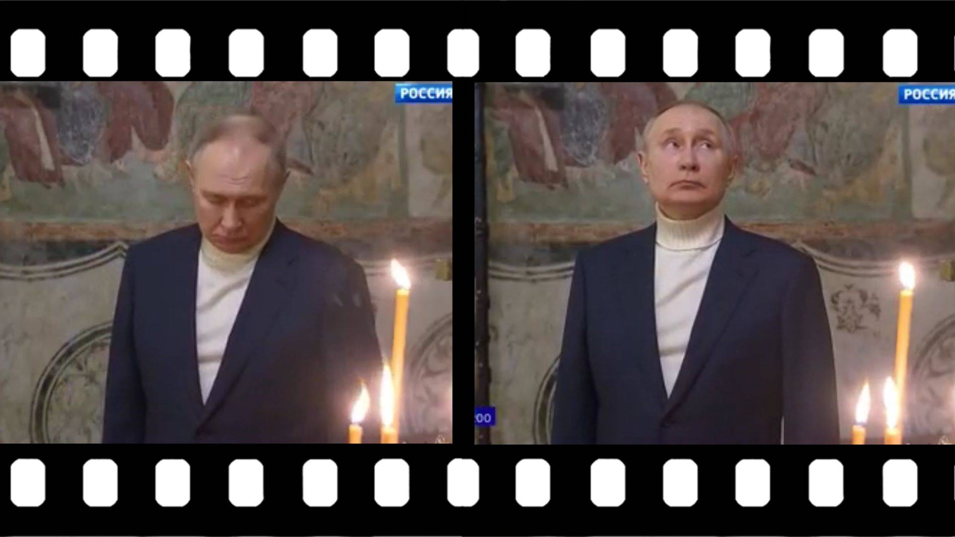 Dwie migawki z filmu o Putinie w cerkwi: na jednym ujęciu patrzy w dół, na drugim - w górę